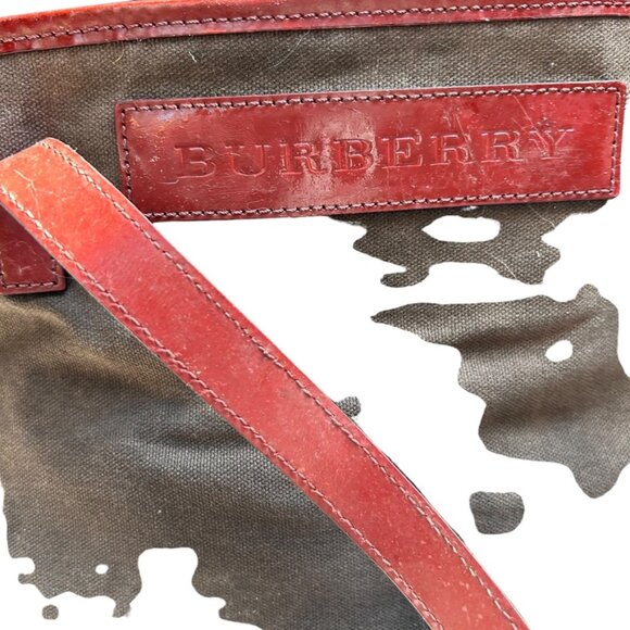 burberry brown distressed cotton canvas red leather ethnic print lined t… - Picture 4 of 8